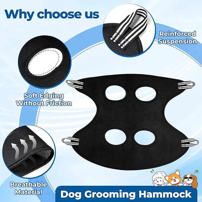 Pet Grooming Hammock for Cats & Dogs, Breathable Mesh Dog Hanging Harness for Nail Trimming, Grooming, Bathing Includes S Hooks, Comfortable Dog Grooming Harness (Black)-Mewly Pet
