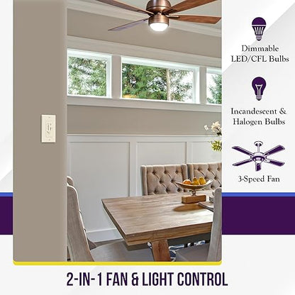 ENERLITES 3 Speed Ceiling Fan Control and LED Dimmer Light Switch, Light and Fan Combination Switch, Single Pole, 2.5A, 300W Incandescent, No Neutral Wire Required, 17001-F3-LA-F, Light Almond