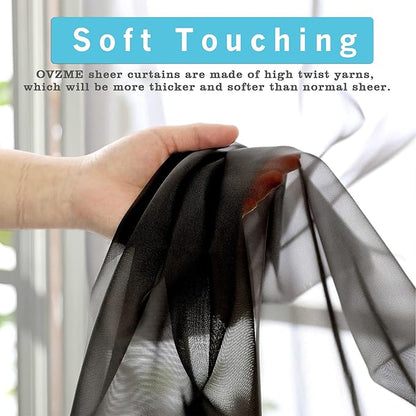 OVZME 2 Panels Sheer Black Curtains 54 Inches Length Window Treatment for Kitchen, Elegant Airy Transparent Curtain Draperies Rod Pocket for Kids Living Room, Each 42 Width 54 Length