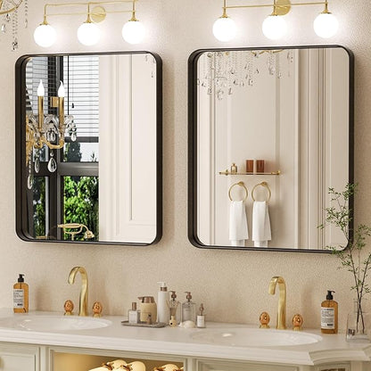 28×32 Black Frame Mirror for Over Sink - Rectangular Decorative Bathroom Mirrors with Rounded Corners & Aluminium Frame, Tempered-Glass, Restroom, Entryway, Wall, Vanity
