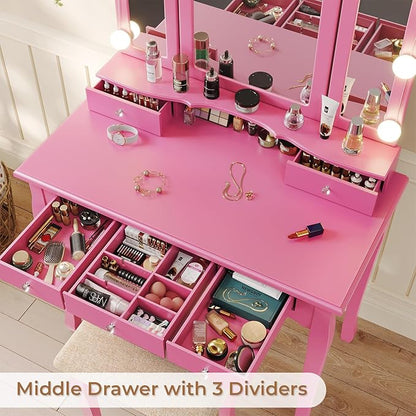 Tiptiper Vanity Desk with Tri-Fold Mirror and Lights, Makeup Vanity with Wood Upholstered Stool, Makeup Desk with 5 Drawers & 8 Jewelry Hooks, Small Vanity, Pink