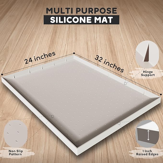 32x24x1” XL Dog Food Mat - All Purpose Under Sink Liner, Washer and Dryer Covers for The Top, Silicone Griddle Mat for Blackstone - Raised Edges Dog Mat for Food and Water Prevent Spill, Waterproof-Mewly Pet