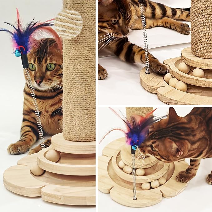 Cat Scratching Post, Cat Scratcher Toy for Indoor Cats, 17.3" Tall Scratch Post with 2-Layer Ball Tracks, Interactive Feather Toy and Sisal Hanging Ball, Banana Tree Cat Tower for Kittens-Mewly Pet