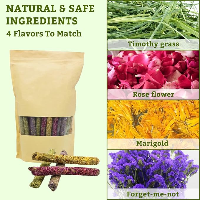 Fhiny 68 PCS Rabbit Chew Sticks, Natural Petals Timothy Hay Sticks Guinea Pig Chewing Toys for Teeth Small Animals Molar Snacks for Bunny Guinea Pig Chinchilla Hamster-Mewly Pet