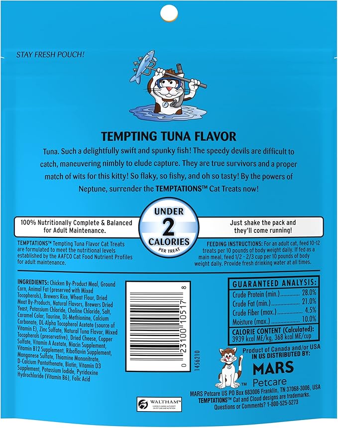 Temptations Classic Crunchy and Soft Cat Treats Tempting Tuna Flavor, 6.3 oz. Pouch (Pack of 10)-Mewly Pet
