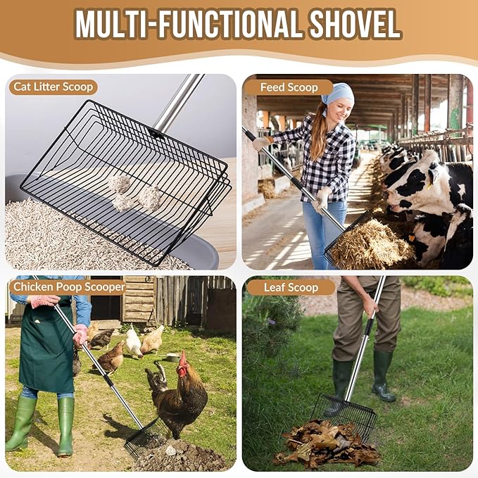 SlowTon 10-inch Large Chicken Poop Scooper - 5 in 1 Multifunctional Chicken Litter Scoop with 35 to 67in Stainless Steel Handle, Heavy Duty Chicken Coop Cleaning Tool Litter Sifting Shovel-Mewly Pet