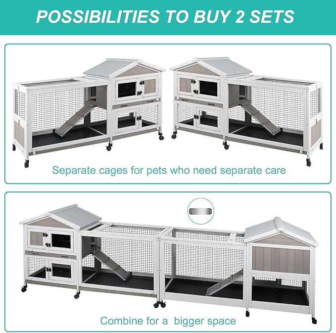 2-Tier Rabbit Hutch with Wheels, Indoor & Outdoor Small Animal Cage with Deep Pull-Out Tray, Anti-Chew Frame, Habitat for Bunny, Guinea Pig, Chinchilla (60" L x 19" W x 35" H)-Mewly Pet