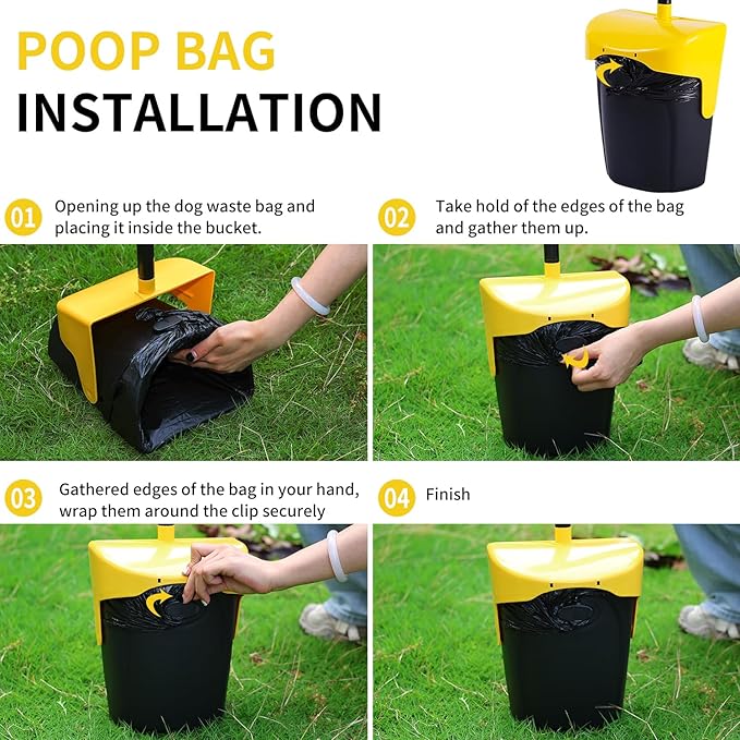 Pooper Scooper Large Swivel Bin & Rake with 160 Waste Bags,Heavy Duty Dog Pooper Scooper with Bag Attachment for Large Small Dogs, Long Handle Poop Scooper with Lid for Yard, Grass, Gravel (Yellow)-Mewly Pet