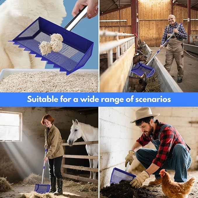 Chicken Poop Scooper & Rake 2-in-1, 304 Stainless Steel Shovel Head, Chicken Litter Scoop with Handle for Chicken Coop & Pet Waste Cleaning, Litter Sifting Shovel (35 to 65") US Patent Pending-Mewly Pet