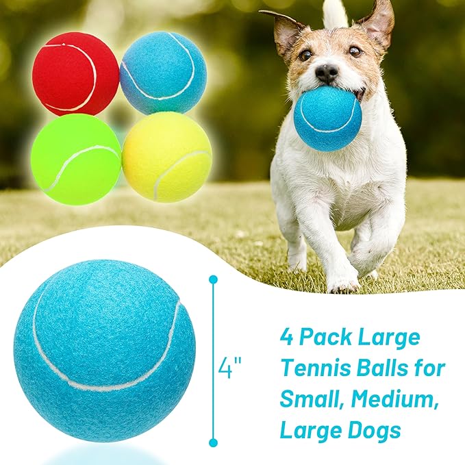 Large Dog Tennis Balls, 4 inch Interactive Big Dog Toy Ball for Small Medium Large Dogs, 4-Pack Dog Toys for Outdoor/Indoor Sports, Fetch, Training & Play-Mewly Pet