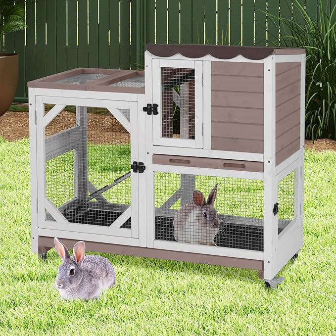 Wooden Rabbit Hutch with Two Story, Bunny Cage with Leak-Proof Trays, and Chew-Proof Ramp, Guinea Pig Cage with Wheels, Suitable for Indoor/Outdoor Use (Brown)-Mewly Pet