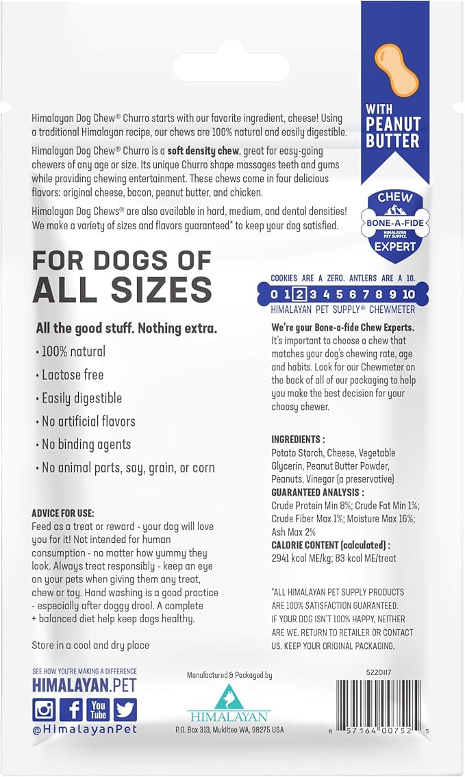 Himalayan Dog Chew Churro Yak Cheese Dog Chews, 100% Natural, Long Lasting, Gluten Free, Healthy & Safe Dog Treats, Lactose & Grain Free, Protein Rich, Real Peanut Butter Flavor, 4 Churros Per Pouch-Mewly Pet