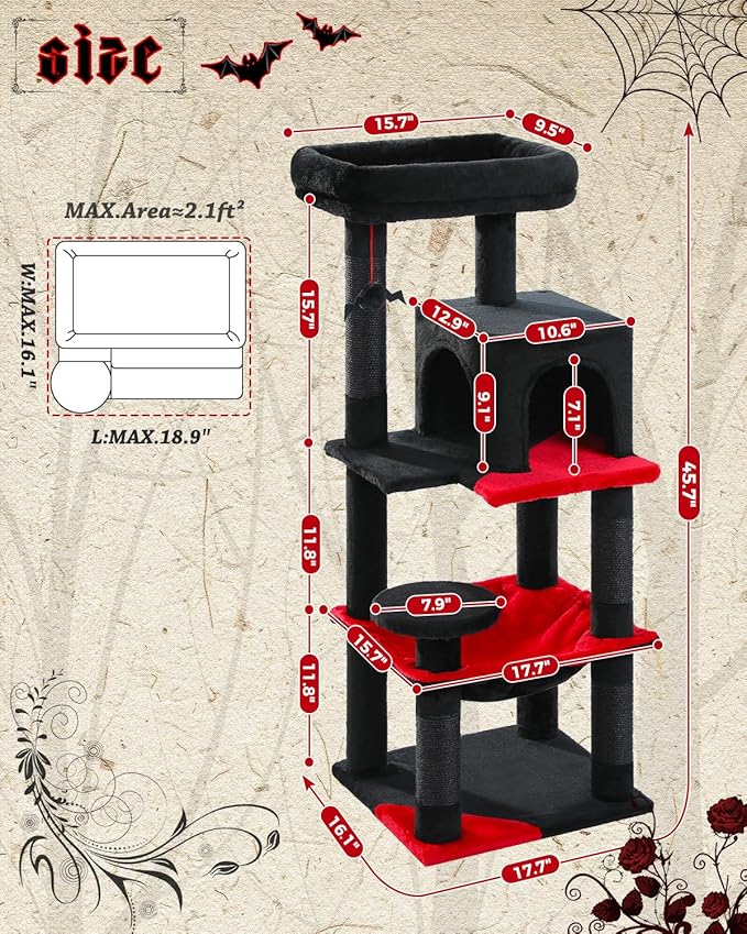 Gothic Cat Tree with Super Large Hammock, 45.7" Black Cat Tower with Coffin Bed, Cat Condo, Sisal Scratching Posts & Top Perch, Multi-Level Goth Cat Tree, Halloween, Black-Mewly Pet