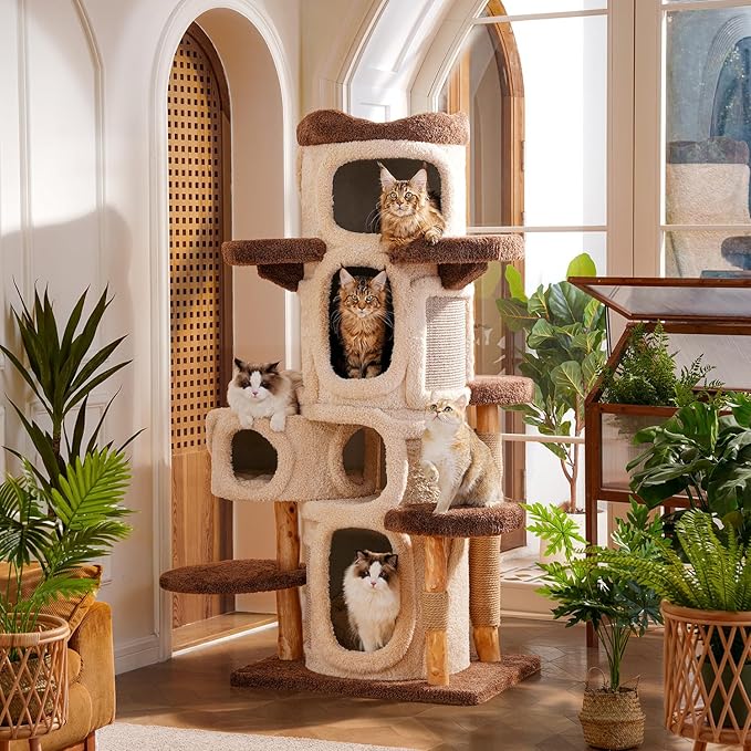 70" Heavy Duty Cat Tree for Large Cats with Toys, All-in-One Cat Tower with Cat Perch, Tall Cat Tower with Scratching Post, Brown Modern Cat House-Mewly Pet