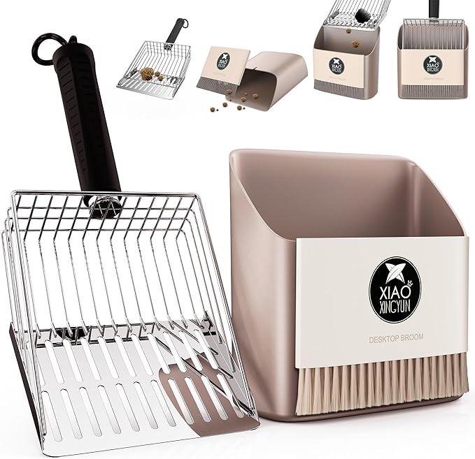 Cat Litter Scooper with Holder, Metal Litter Scoop Includes Portable Small Broom and Dustpan Set, Heavy Duty Stainless Steel Litter Scoop with Coarse and Fine Grid, Quick Sift and Easy Clean-Mewly Pet