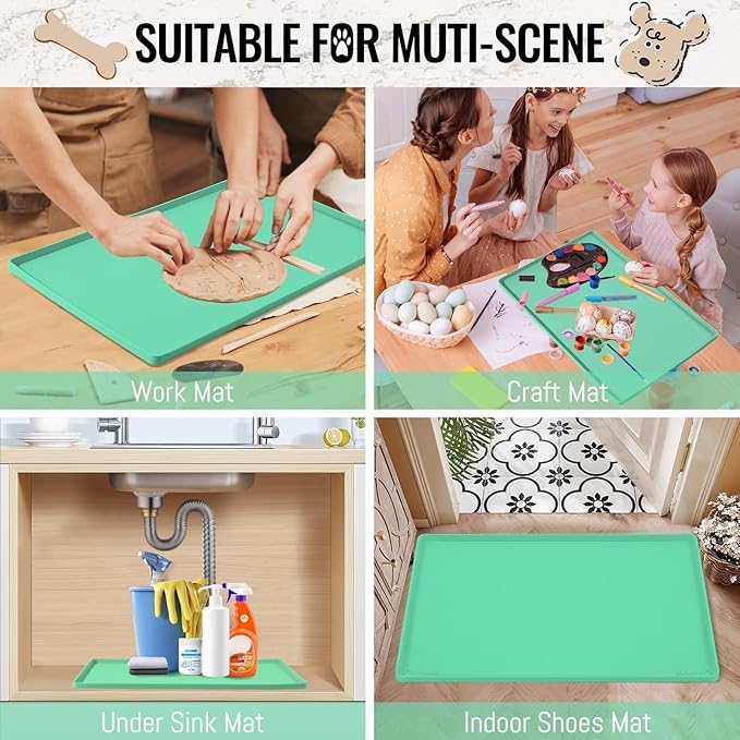 MateeyLife Dog & Cat Food Mat - Waterproof, Nonslip, Raised Edges, Silicone Tray for Messy Drinkers, 24"x16", Mint Green-Mewly Pet