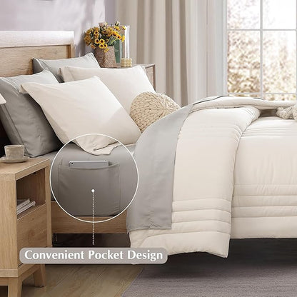 Monbix Queen Comforter Set - 7 Pieces Snow White Bed in a Bag Queen Bedding Sets with Comforters, All Seasons Down Alternative Comforter Bed Set with Sheets,Pillowcases & Shams