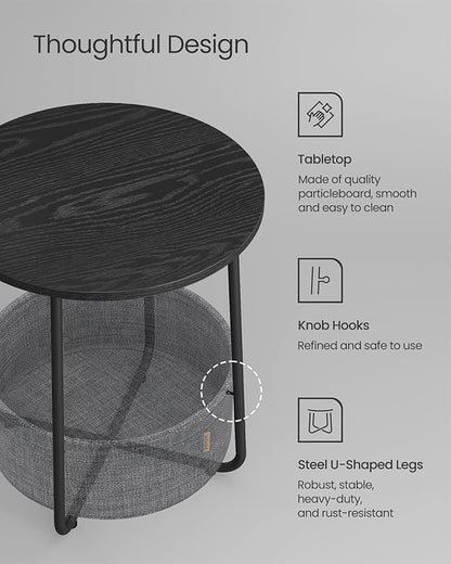 VASAGLE LILEA Collection - Small Round Side End Table, Modern Nightstand with Fabric Basket, Ebony Black and Slate Gray ULET223B01