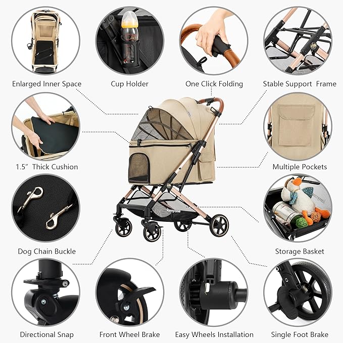 Medium Dog Stroller, Kenyone Pet Stroller for Medium Dogs Up to 55lbs, Lightweight Aluminum Frame, One Click Folding, Large Cat Stroller with No Zip Entry, Detachable Mesh, Multiple Pockets-Mewly Pet