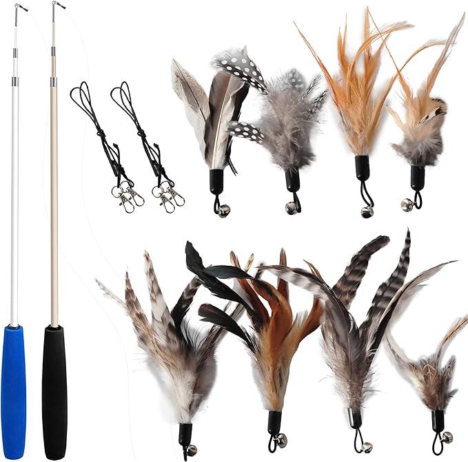 Cat Toys - No Chemical Dyeing Cat Feather Toys for Indoor Cats - Include Cat Wand and Natural Feather Refills-Mewly Pet