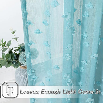 MYSKY HOME Pom Pom Teal Sheer Curtains for Bedroom Girls Room Curtains 84 Inches Long for Nursery Kids Light Filtering Boho Window Drapes, Rod Pocket, 52" Wide, 2 Panels