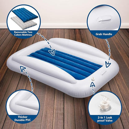 Inflatable Toddler Travel Bed, Portable Toddler Bed | Kids Air Mattress with Sides | Reversible 2 Colors Kids Blow Up Mattress -Navy Blue & Grey