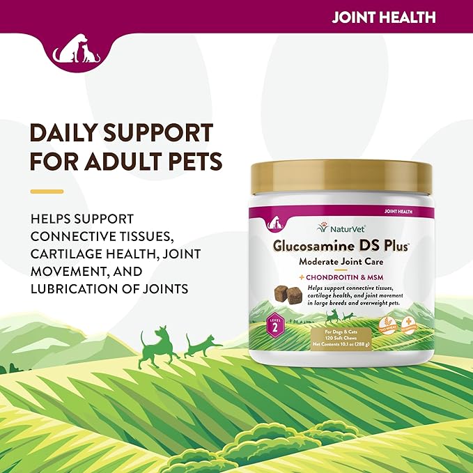 NaturVet – Glucosamine DS Plus - Level 2 Moderate Care – Supports Healthy Hip & Joint Function – Enhanced with Glucosamine, MSM & Chondroitin – for Dogs & Cats–120 Soft Chews-Mewly Pet