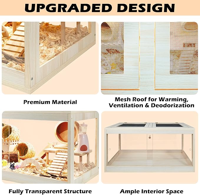 Prolee Hamster Habitat Chewproof, Mice and Rat Habitat with Transparent Sides, Hamster Cage with Openable Mesh Top, Solid Built with Lock Design (32" L x 16" W x 16" H)-Mewly Pet