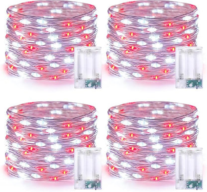 JMEXSUSS 4 Pack 50 LED Fairy Lights Battery Operated, 16.1ft Waterproof Red & White Twinkle Christmas Lights for Gifts Party Wedding Indoor Outdoor Decorations