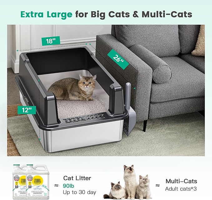 Tripamin XXL Stainless Steel Litter Box with High Sides 26"x18"x12" Extra Large Metal Litter Box for Big Cats & Multiple cat, Jumbo Top Entry Litter Pan with lid (Black, XX-Large)-Mewly Pet