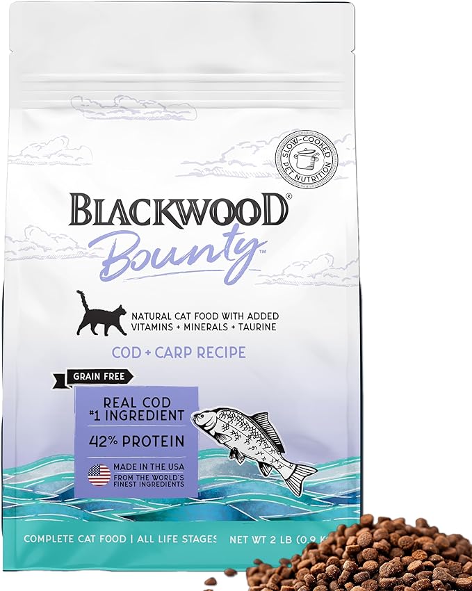Blackwood Bounty Dry Cat Food, Cod & Carp Recipe for All Life Stages, 2 Pound Bag, High Protein, Grain Free-Mewly Pet