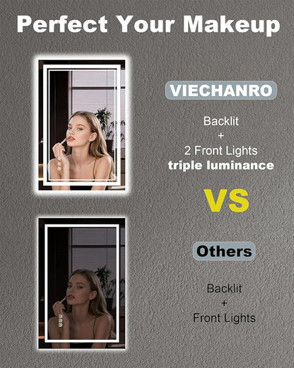 LED Mirror for Bathroom, 20x28 Inch Lighted Mirrors for Bathroom Wall with Unbreakable Tempered Glass, 3 Colors Stepless Dimmable, Super Bright 2 Front Lights + Backlit, Anti-Fog, Memory Function