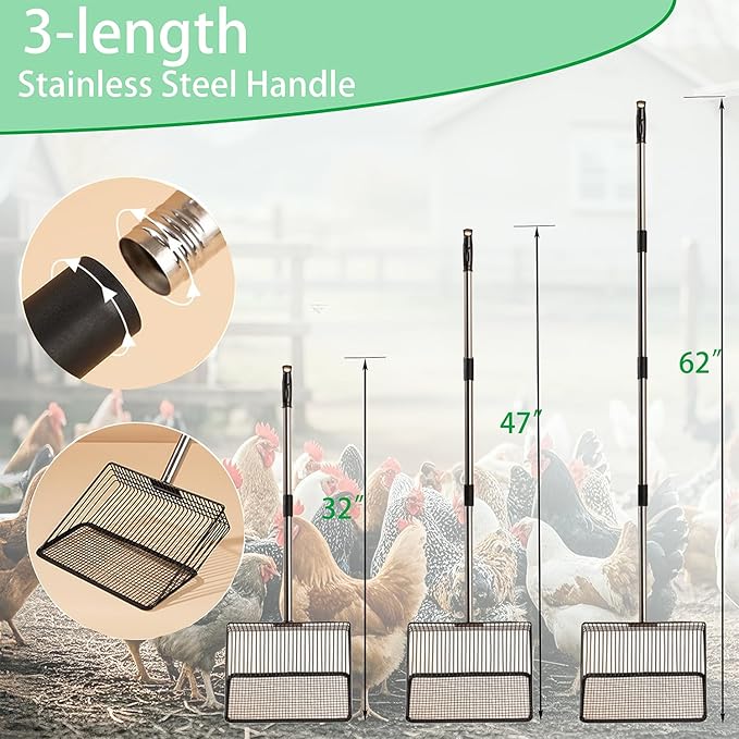 Chicken Poop Scooper - 54-Inch Long Handle Chicken Coop Cleaner, 10-Inch Wide Metal Waste Scooper for Poultry, Rabbit Hutch & Pet Cages-Mewly Pet
