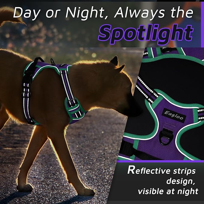 Eagloo Dog Harness for Large Dogs, No Pull Service Vest with Reflective Strips and Control Handle, Adjustable and Comfortable for Walking, No Choke Pet Harness with 2 Metal Rings, Purple & Green, L-Mewly Pet