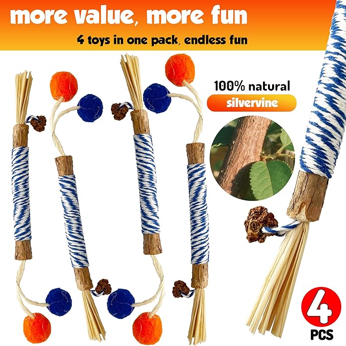 Catnip 4PCS Chew Stick with Wrapped Cotton Rope – Natural Dental Care Cat Toy for Teeth Cleaning & Gum Health, Satisfies Chewing Instincts, Safe & Long-Lasting Kitten Teething Toy-Mewly Pet