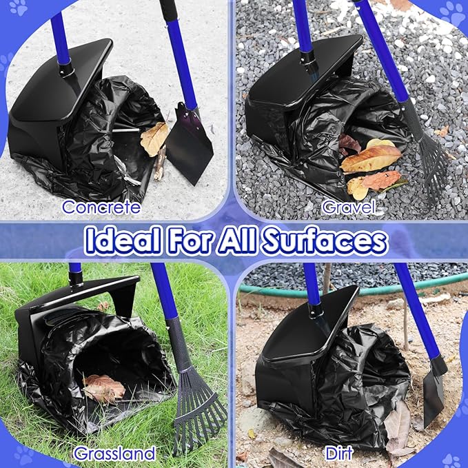 Lukovee Dog Pooper Scooper, 37.4" Long Adjustable Metal Handle Swivel Bin & Rake & Spade Kit with 20 Poop Bags, Portable Dog Non-Breakable Poop Scooper for Gravel Yard Lawn Grass, Blue-Mewly Pet