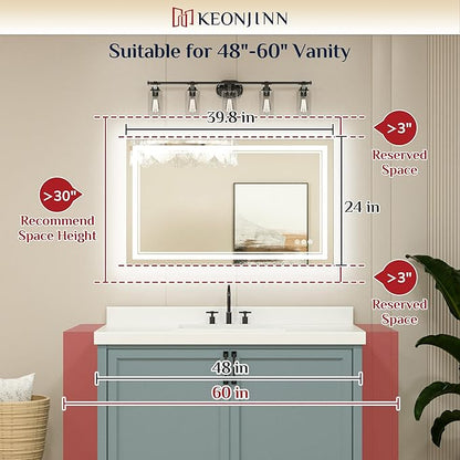 Keonjinn LED Bathroom Mirror with Lights, 40 x 24 Inch Front Lighted Vanity Mirror, HD Tempered Glass, UL-Listed LED Driver, Anti-Fog, 6000K Dimmale, Memory Function, Easy Installation