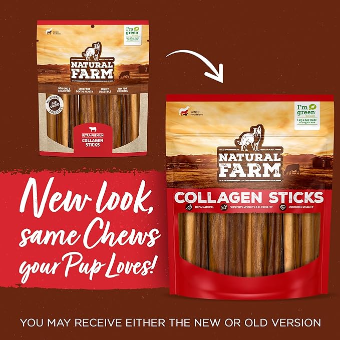 Natural Farm Collagen Sticks for Dogs (6 Inch, 25 Pack), Odor-Free Long Lasting Chews & Rawhide Alternative - 95% Collagen, Low Fat, High Protein - Best Dental Dog Treats - Medium & Large Dogs-Mewly Pet
