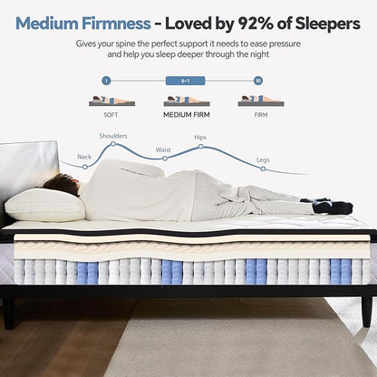 Queen Mattress in a Box, 14 Inch Hybrid Mattress with Individual Pocket Spring & Memory Foam, Motion Isolation, Medium Firm Comfort for Pressure Relief, CertiPUR-US Certified