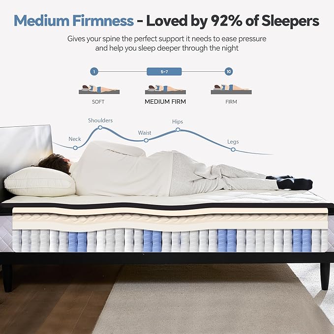 Queen Mattress in a Box, 12 Inch Hybrid Mattress with Individual Pocket Spring & Memory Foam, Motion Isolation, Medium Firm Comfort for Pressure Relief, CertiPUR-US Certified