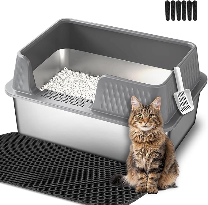 Suhaco Stainless Steel Litter Box Side Entry, Kitty Litter Mat and White Scoop Included Covered Metal High Sided Extra Large Cat Litter Box with Lid Removable Enclosure for Medium Cats (Tall Grey)-Mewly Pet