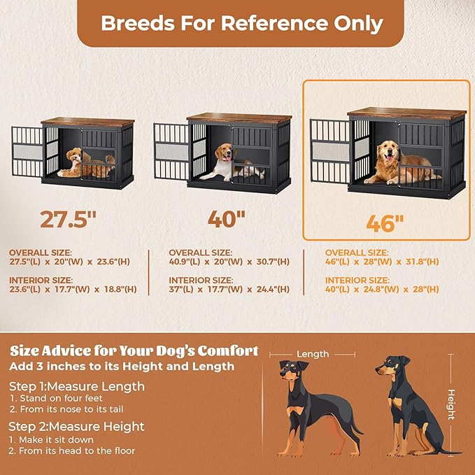 VOPEAK 46" Dog Crate Furniture, Chew Resistant Large Dog Crate for Medium Large Dogs, Heavy Duty XL Dog Crates Dog Kennel Cage Indoor with Double Doors, End Table for Bedroom Living Room, Black-Mewly Pet