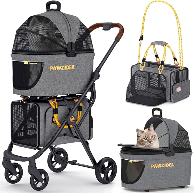PAWZIDEA Double Pet Stroller with 2 Detachable Carriers, Portable Dog Crate for Car Travel & TSA-Approved Expandable Cat Carrier, Foldable Lightweight Jogger Stroller for 2–4 Cats or Small/Medium Dogs-Mewly Pet