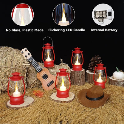 12Pcs Red Mini Lanterns for Centerpiece – Vintage Lantern Decor for Christmas, Halloween, Weddings & Western Party – Hanging Ornaments Bulk with Flicker LED Candle for Cowgirl, Camping Decor
