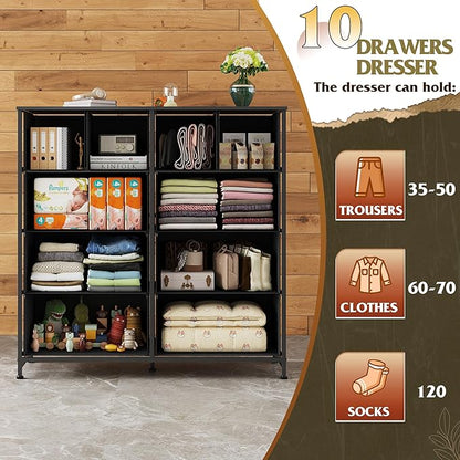 WLIVE Dresser for Bedroom with 10 Fabric Drawers, Tall Chest Organizer Units for Clothing, Closet, Storage Tower with Cabinet, Metal Frame, Wooden Top, Black Dresser for Living Room