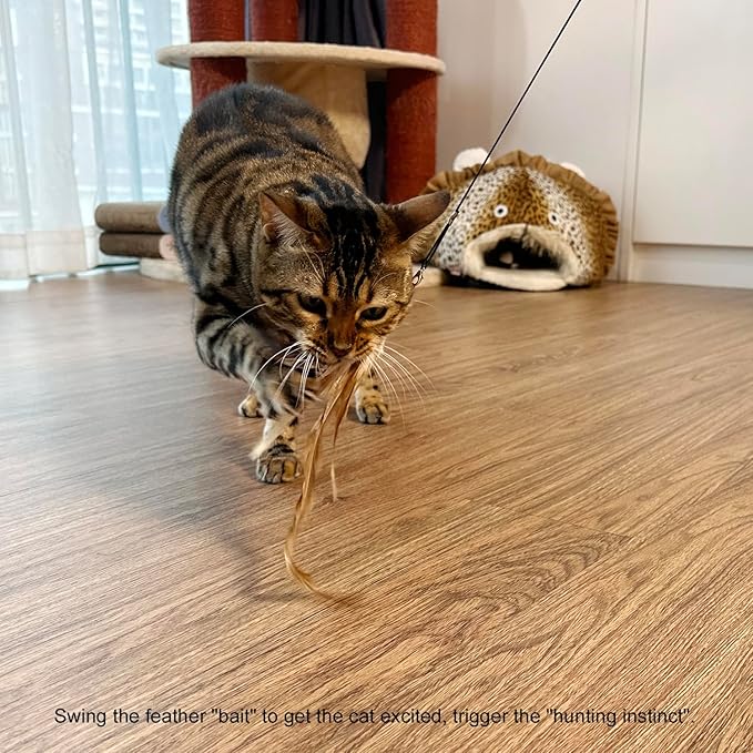 TTcat Cat Feather Wand Toys,Retractable Wand Toy with 4 Feather Refills, Interactive Cat Toy Kitten Toy for Indoor Cats to Play Chase Exercis-Mewly Pet