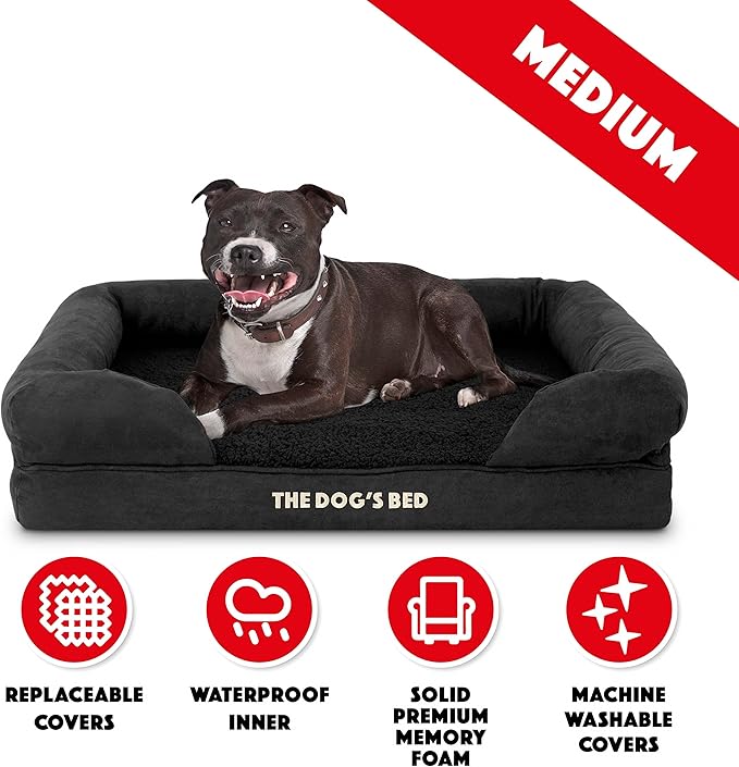 The Dog’s Bed, Medium Black Faux PL 30x23.5, Memory Foam, Pain Relief: Arthritis, Hip & Elbow Dysplasia, Post Surgery, Lameness, Supportive, Calming, Washable Cover, Veterinary Approved-Mewly Pet