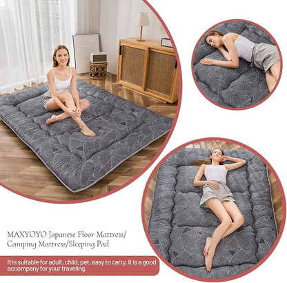 MAXYOYO Japanese Floor/Futon Mattress Thicken Sleeping Pad Roll Up Mattress Floor Lounger Bed Camping Mattress Guest Room Mattress Pad, Thick Soft and Comfortable, Black Leaf, Twin Size