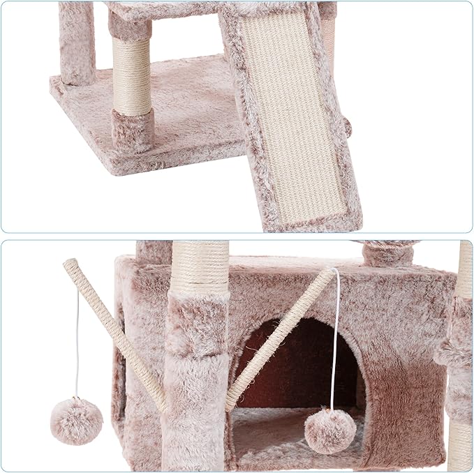 Hey-brother Cat Tree, 71 inches XL Large Cat Tower for Indoor Cats, Multi-Level Cat House with 3 Padded Perches, Big Scratcher, Cozy Basket, 2 Cat Condos and Scratching Posts, Muchroom MPJ034MU-Mewly Pet