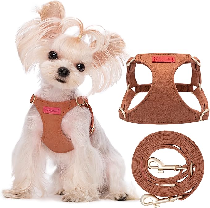 Puppytie No Pull XXS Puppy Harness with Multifunction Dog Leash,Soft Adjustable No Choke Escape Proof Pet Harness Vest,Brown Caramel,XXS-Mewly Pet
